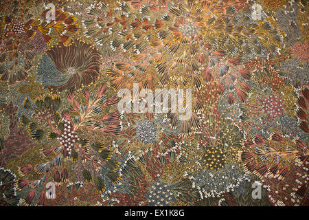 Australien, NT, Alice Springs. Detail der Aborigines Kunst, Malerei auf Leinwand. Stockfoto