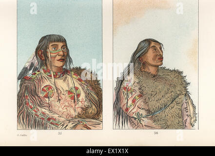 Sha-co-Pay, Chef der Ojibwe Nation 35, und eines seiner Squaws 36. Handkoloriert Lithographie von George Catlins Sitten, Bräuche und Zustand der nordamerikanischen Indianer, London, 1841.