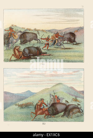 Indianische Jäger von Bullen verteidigen ihre jungen während einer Bisonjagd angegriffen. Handkoloriert Lithographie von George Catlins Sitten, Bräuche und Zustand der nordamerikanischen Indianer, London, 1841. Stockfoto