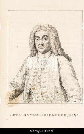 John James Heidegger, Schweizer Gentleman, der Intendant des Opernhauses und Meister der schwelgt in London unter König George II. Kupferstich von John Caulfields Porträts, Memoiren und Zeichen der bemerkenswerte Personen, Young, London, 1819. Stockfoto