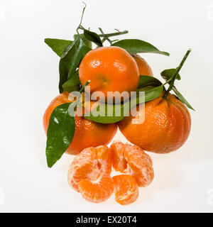 Tangelos mit grünen Blättern, die isoliert auf weiss Stockfoto