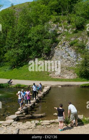Touristen zu Fuß über die Trittsteine in Dovedale. Stockfoto