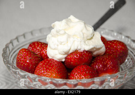 Dessert in einer Glasschale mit frischen Erdbeeren und Schlagsahne Stockfoto
