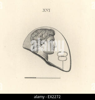 Kopf des Merkur, römischer Gott der Kommunikation, mit Hermesstab. Kupferstich von Francesco Bartolozzi aus 108 Platten der Antike Schmuckstücke, 1860. Die Edelsteine wurden von dem Herzog von Marlborough Sammlung. Stockfoto