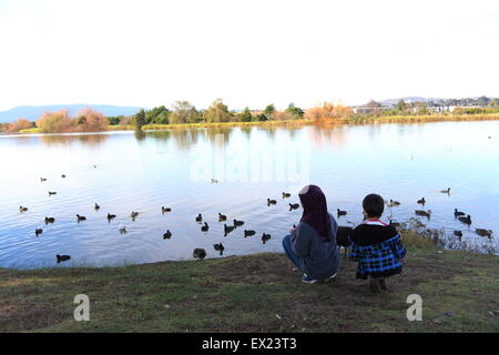 Muslimische Kinder füttern Enten am See Stockfoto