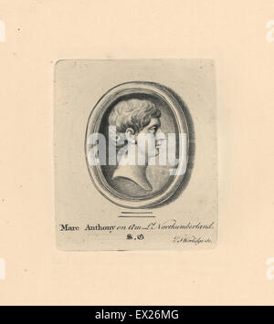 Porträt von Marc Antony oder Marcus Antonius, römischer Feldherr und Politiker, eingraviert auf Amethyst aus der Sammlung des Lord Northumberland. Kupferstich von Thomas Worlidge von James Vallentins eine hundert und acht Stiche aus antiken Perlen, 1863. Stockfoto