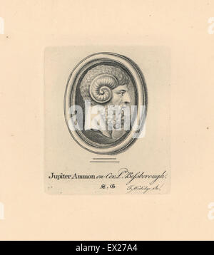 Porträt von Jupiter oder Jupiter, Römische Gottheit mit Widderhorn von Ammon, auf Karneol aus der Sammlung des Herrn Bessborough. Kupferstich von Thomas Worlidge von James Vallentins eine hundert und acht Stiche aus antiken Perlen, 1863. Stockfoto