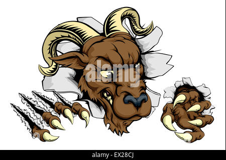 RAM-Sport-Maskottchen Durchbruch Konzept eines Ram Sport Maskottchen oder Charakter brechen aus dem Hintergrund oder Wand Stockfoto