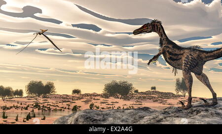 Velociraptor Dinosaurier Pteranodon fliegen in der Wüste mit Nipa und Tamaris Pflanzen durch Abendlicht - 3D Render zu beobachten Stockfoto