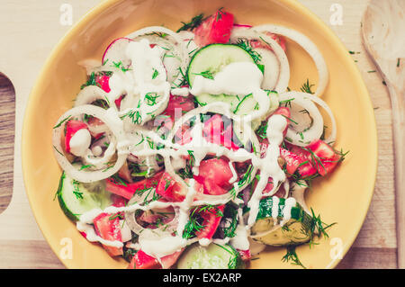 Salat-Gurken, Tomaten, Zwiebeln, Fenchel, Rettich und Sauerrahm Ansicht von oben Stockfoto
