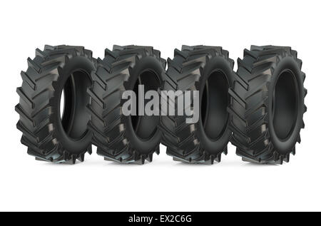 Gruppe von Traktorreifen isoliert auf weißem Hintergrund Stockfoto