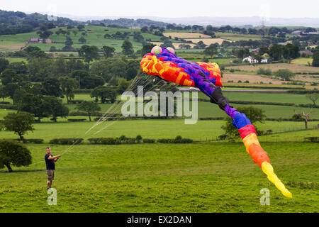 Hoghton, Lancashire, UK. 5. Juli 2015. Flying Manta Ray der Nördlichen Kite Gruppe und die hoghton Turm Preservation Trust eine andere bunte Drachen Tag an hoghton Turm fliegen Drachen hoch über der Lancashire hilltop historisches Haus präsentiert. Midi-ray Drachen in allen Formen und Größen aufgehellt, den Himmel. Stockfoto