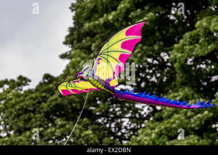 Hoghton, Lancashire, UK. 5. Juli 2015. Die nördliche Kite Gruppe und die hoghton Turm Preservation Trust präsentiert einen bunten Drachen Tag an hoghton Turm fliegen Drachen hoch über Lancashire. . Drachen in allen Formen und Größen aufgehellt, den Himmel. Stockfoto