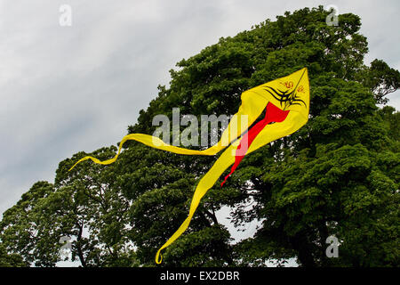 Hoghton, Lancashire, UK. 5. Juli 2015. Die nördliche Kite Gruppe und die hoghton Turm Preservation Trust präsentiert einen bunten Drachen Tag an hoghton Turm fliegen Drachen hoch über Lancashire. . Drachen in allen Formen und Größen aufgehellt, den Himmel. Stockfoto