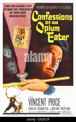 Theatralische Plakat für "Confessions of ein Opium-Esser" (aka "Übel von Chinatown") 1962 Film unter der Regie von Albert Zugsmith. Dies ist die USA ein Blatt Poster gedruckt 1962 für die Filme, die US-release im Juni des gleichen Jahres. Der Film basiert sehr lose auf Thomas De Quincey "Geständnisse eines englischen Opium-Eater" Erstveröffentlichung im Jahre 1821. Ein bizarre Film wo ein Nachkomme von Thomas De Quincey, die ursprüngliche Opium-Esser, Sklavinnen spart in Bambus Käfigen in Chinatown, San Francisco gehalten. Stockfoto