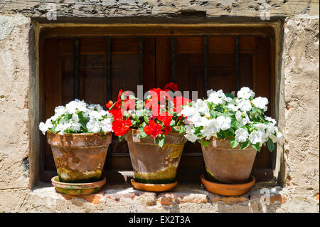 Bunte Blumen auf dem Balkon, Santillana del Mar, Spanien Stockfoto