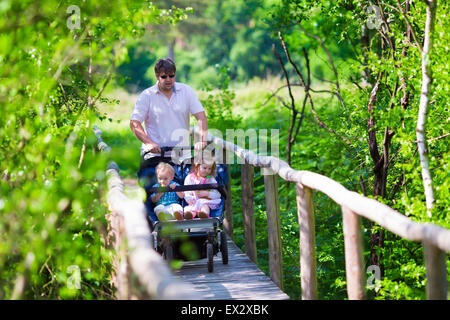 Junge aktive Vater mit Kindern in Doppel-Kinderwagen in einem Park. Vater mit Twin Kinderwagen im Wald spazieren.  Eltern mit Zwillingen Stockfoto