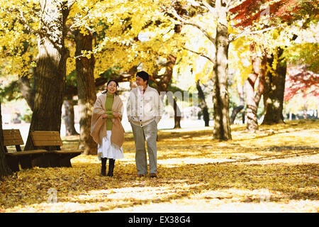 Senior japanisches Ehepaar in einem Stadtpark im Herbst Stockfoto