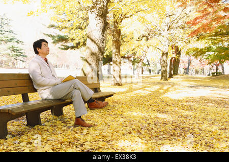 Ältere Japaner sitzen auf einer Bank mit einem Buch in einem Stadtpark im Herbst Stockfoto