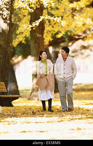 Senior japanisches Ehepaar in einem Stadtpark im Herbst Stockfoto