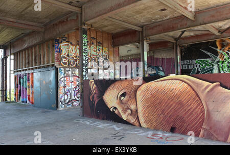 Graffiti auf dem Gelände der ehemaligen Kommunikationsstation der US-Streitkräfte auf den Teufelsberg fotografiert 2. Juli 2015 in Berlin, Deutschland. Die 114 Meter hohen Station, Teufelsberg wurde vor allem durch die National Security Agency (NSA) betrieben und diente als Teil der weltweiten Spionagesystem Echelon. Bis zu 1.500 Personen arbeiteten in drei Schichten um die Anlage im Jahr 1955 zu vervollständigen. Die britische und amerikanische Truppen konnte erkennen, Aktivität bis zu 700 km entfernt, zur Sammlung von Informationen über den Ostblock. Nach dem Fall der Berliner Mauer und dem Zusammenbruch des Warschauer Pakt-Staaten t Stockfoto