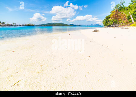 Weißer Sandstrand, türkisfarbenem kristallklarem Wasser und grünen Dschungel im abgelegenen Togean (oder Togian) Inseln, Sulawesi, Indonesien. Stockfoto