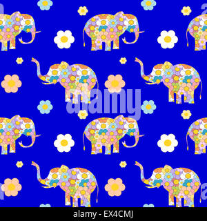 bunte Musterdesign mit gemusterten Elefant mit Cartoon Blumen Stockfoto