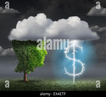Geldverdienen Idee als Reichtum und Unternehmer Konzept mit einem Baum-Kopf in den Wolken mit einem Blitz, geformt wie ein Dollarzeichen als ein Finanzsymbol für Debt Management und Gewinn-Lösung. Stockfoto