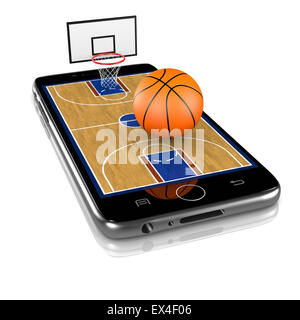 Basketballfeld mit Ball und Korb auf Smartphone-Display 3D Illustration, Isolated on White Background Stockfoto