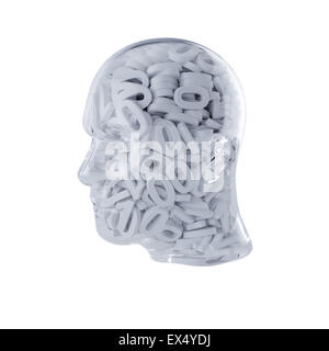 3D-Rendering Glaskopf mit weißen Ziffern Zeichen gefüllt. AI-Kreativität-Konzept Stockfoto