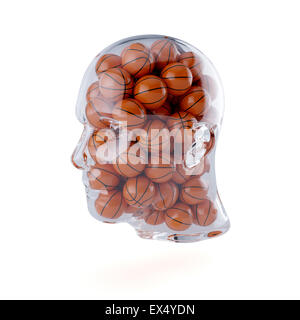 3D-Rendering Glas transparent menschlichen Kopfes mit Basketball-Kugeln gefüllt. Isoliert auf weißem Hintergrund. Player-Konzept Stockfoto