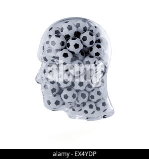 3D-Rendering Glas transparent menschlichen Kopfes mit Fußball-Kugeln gefüllt. Isoliert auf weißem Hintergrund. Player-Konzept Stockfoto