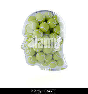 3D-Rendering Glas transparent menschlichen Kopfes mit Tennisbällen gefüllt. Isoliert auf weißem Hintergrund. Player-Konzept Stockfoto