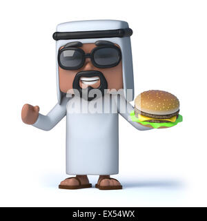 3D Rendering eines Arabers hält einen beefburger Stockfoto