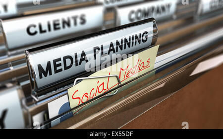 Hautnah auf einer Registerkarte "Datei" mit dem Text Mediaplanung sowie ein Hinweis, wo es handschriftliche social Media ist, Unschärfe-Effekt. Konzept-Bild Stockfoto