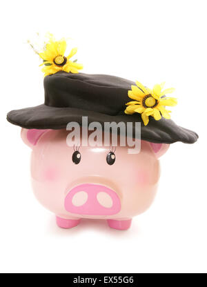 Piggy Bank tragen Sonnenblumen Scare Crow Hut Ausschnitt Stockfoto