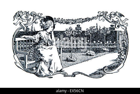 Elegante späten viktorianischen Frau sitzt auf der Bank im Garten, 1895-Illustration von Paul Woodroffe, von Ye Booke of Nursery Rhymes Stockfoto