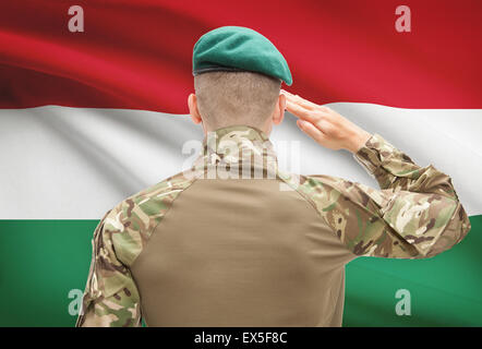 Soldat im Hut vor Nationalflagge Reihe - Ungarn Stockfoto