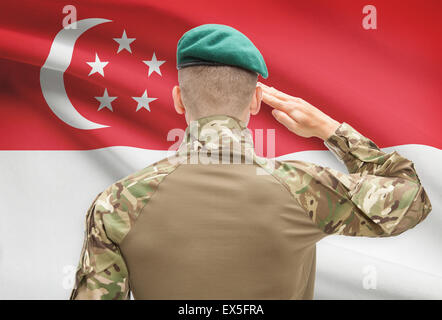 Soldat im Hut vor Nationalflagge Reihe - Singapur Stockfoto