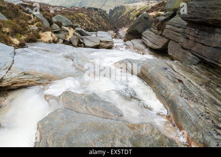 Fels und Eis im Winter. Frozen Stream auf dem Hügel an der Spitze der Grindsbrook Clough auf Kinder Scout, Derbyshire, Peak District, England, Großbritannien Stockfoto