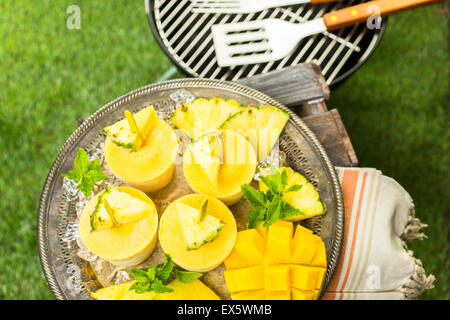Hausgemachte kalorienarm Eis am Stiel mit Mando, Ananas- und Cocconut Milch an die Summe Rpicnic gemacht. Stockfoto