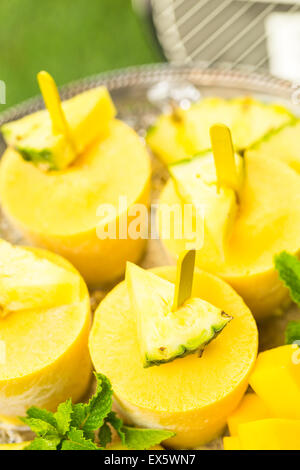 Hausgemachte kalorienarm Eis am Stiel mit Mando, Ananas- und Cocconut Milch an die Summe Rpicnic gemacht. Stockfoto