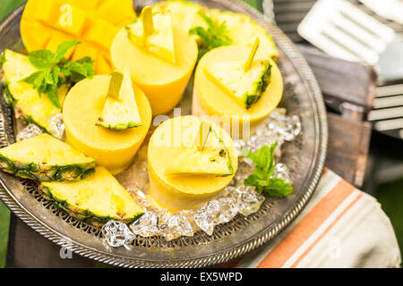 Hausgemachte kalorienarm Eis am Stiel mit Mando, Ananas- und Cocconut Milch an die Summe Rpicnic gemacht. Stockfoto