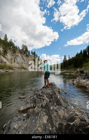 Junge Fliegenfischer Gießen seinen Stab in einen Fluss Montana Stockfoto