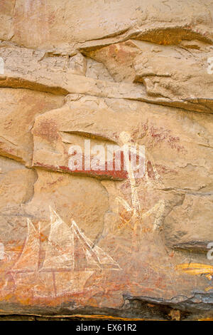 "Kontakt" Felskunst in der Nanguluwur Gallery am Nourlangie Rock im Kakadu National Park Stockfoto