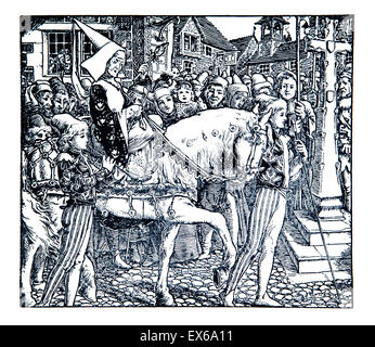 Alte Frau in mittelalterlichen Kostümen durch die Stadt auf dem Pferderücken 1895 Linie Illustration von Paul Woodroffe, Kinderreime Verarbeitung Stockfoto