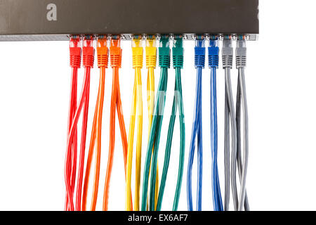 Nahaufnahme der Kabel an der Rückseite des Wlan Routers angeschlossen Stockfoto