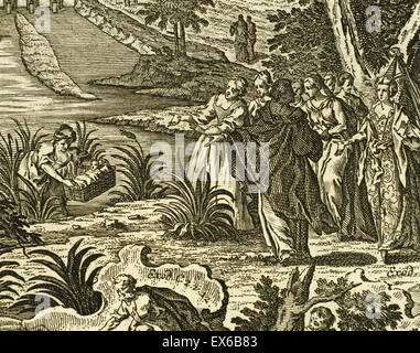 Moses aus dem Nil von der Tochter des Pharao von Ägypten gerettet. Exodus. Kapitel 2, Vers 5. Gravur. Stockfoto