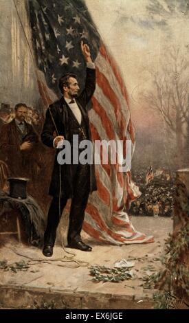 Gemälde von Präsident Abraham Lincoln (1809-1865) vor der amerikanischen Flagge steht. Datiert 1908 Stockfoto