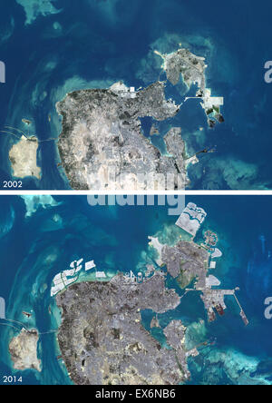 Satellitenansicht von Manama, Bahrain 2002 und 2014. Vor und nach dem Bild zeigt Stadterweiterung im Laufe der Jahre. Stockfoto